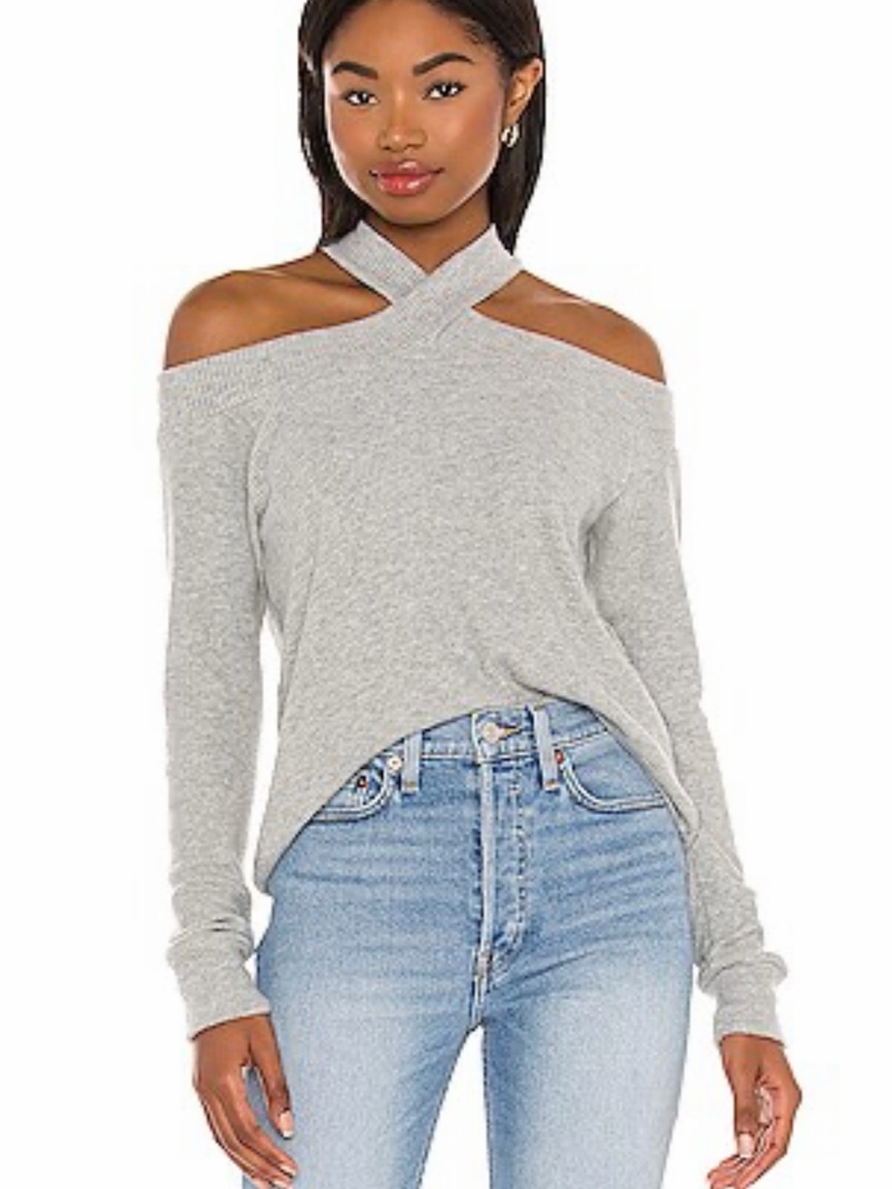 LNA Marlon Light Gray Cold-Shoulder Cross-Neck Sweater